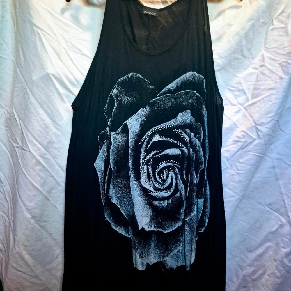 Black & Silver Bling Rose Tunic Top Shirt Pockets XL 1X